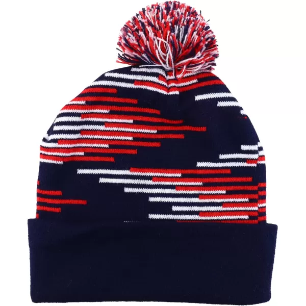 imageTrendy Apparel Shop Made in USA Staggered Bar Pattern Pom Pom Long Cuff BeanieNavy Red White