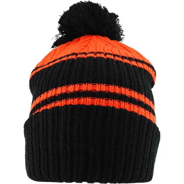 imageTrendy Apparel Shop Stripe Pattern Ribbed Knit Cuff Long Beanie with Pom PomBlack Orange