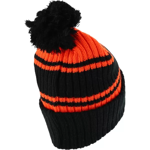 imageTrendy Apparel Shop Stripe Pattern Ribbed Knit Cuff Long Beanie with Pom PomBlack Orange