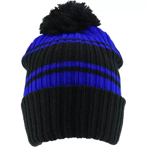 imageTrendy Apparel Shop Stripe Pattern Ribbed Knit Cuff Long Beanie with Pom PomBlack Royal