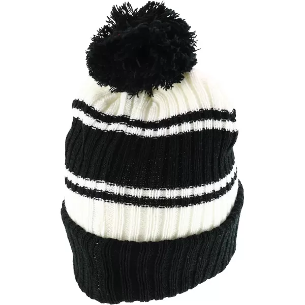 imageTrendy Apparel Shop Stripe Pattern Ribbed Knit Cuff Long Beanie with Pom PomBlack White