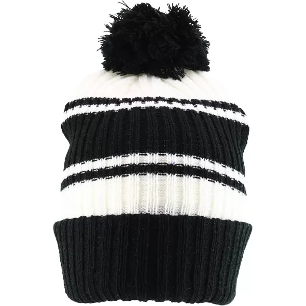 imageTrendy Apparel Shop Stripe Pattern Ribbed Knit Cuff Long Beanie with Pom PomBlack White