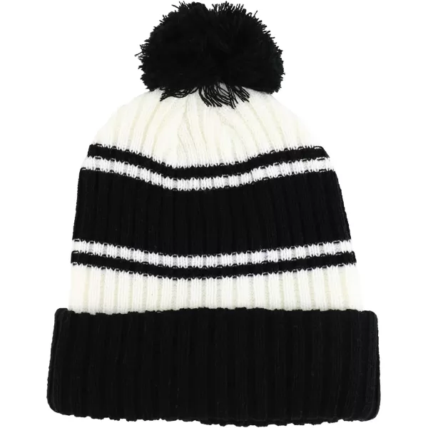imageTrendy Apparel Shop Stripe Pattern Ribbed Knit Cuff Long Beanie with Pom PomBlack White