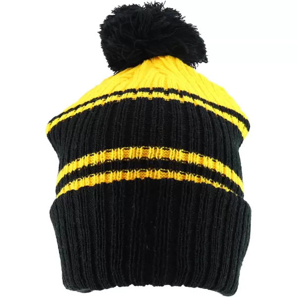 imageTrendy Apparel Shop Stripe Pattern Ribbed Knit Cuff Long Beanie with Pom PomBlack Yellow