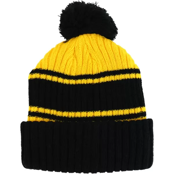 imageTrendy Apparel Shop Stripe Pattern Ribbed Knit Cuff Long Beanie with Pom PomBlack Yellow