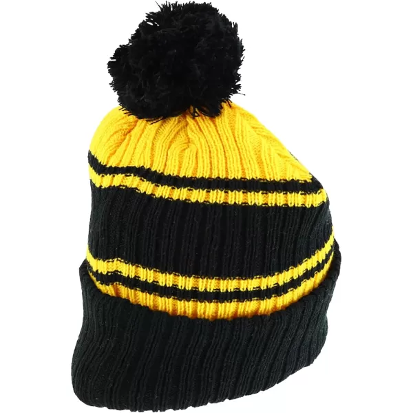imageTrendy Apparel Shop Stripe Pattern Ribbed Knit Cuff Long Beanie with Pom PomBlack Yellow