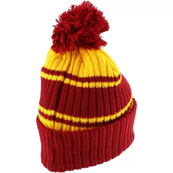 imageTrendy Apparel Shop Stripe Pattern Ribbed Knit Cuff Long Beanie with Pom PomBurgundy Yellow