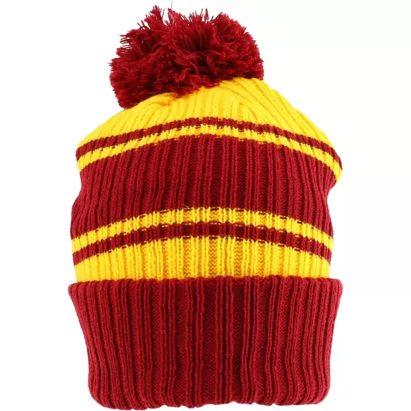 imageTrendy Apparel Shop Stripe Pattern Ribbed Knit Cuff Long Beanie with Pom PomBurgundy Yellow