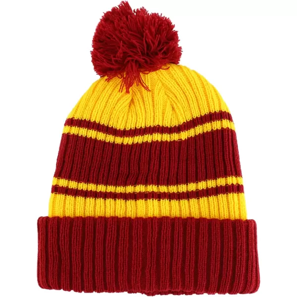 imageTrendy Apparel Shop Stripe Pattern Ribbed Knit Cuff Long Beanie with Pom PomBurgundy Yellow