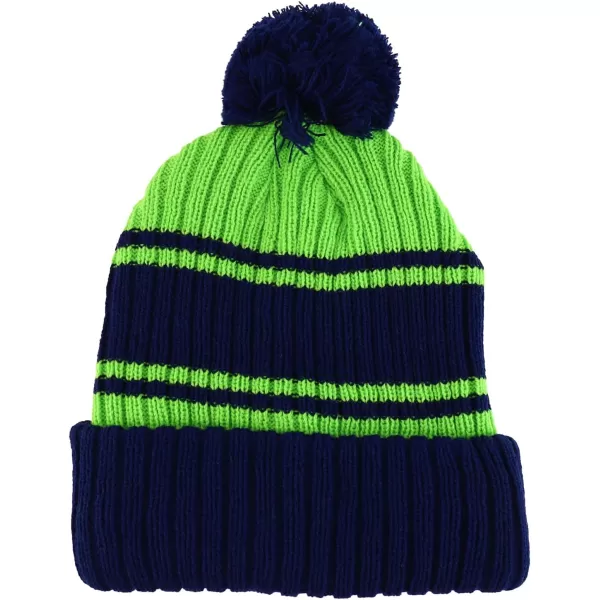 imageTrendy Apparel Shop Stripe Pattern Ribbed Knit Cuff Long Beanie with Pom PomNavy Lime