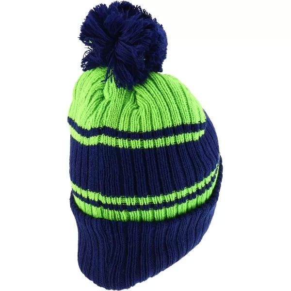 imageTrendy Apparel Shop Stripe Pattern Ribbed Knit Cuff Long Beanie with Pom PomNavy Lime
