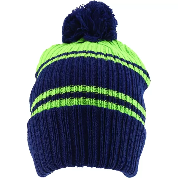 imageTrendy Apparel Shop Stripe Pattern Ribbed Knit Cuff Long Beanie with Pom PomNavy Lime