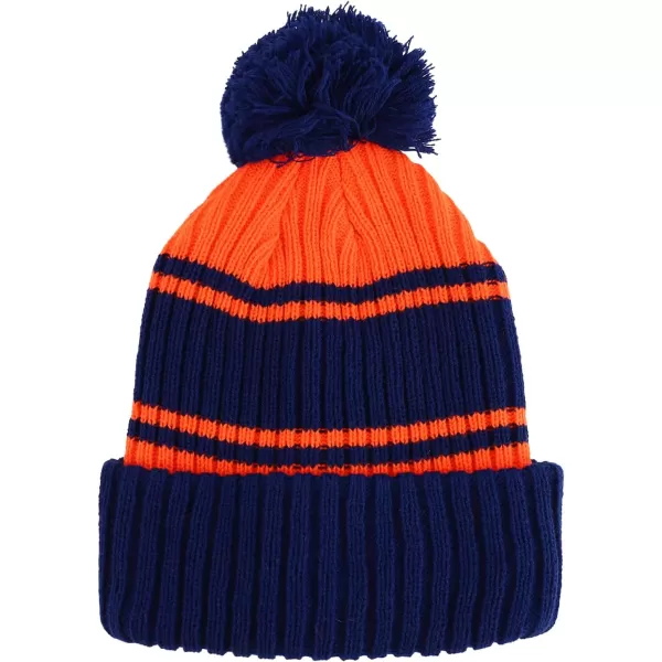 imageTrendy Apparel Shop Stripe Pattern Ribbed Knit Cuff Long Beanie with Pom PomNavy Orange
