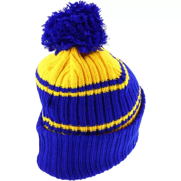 imageTrendy Apparel Shop Stripe Pattern Ribbed Knit Cuff Long Beanie with Pom PomRoyal Yellow