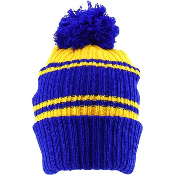 imageTrendy Apparel Shop Stripe Pattern Ribbed Knit Cuff Long Beanie with Pom PomRoyal Yellow