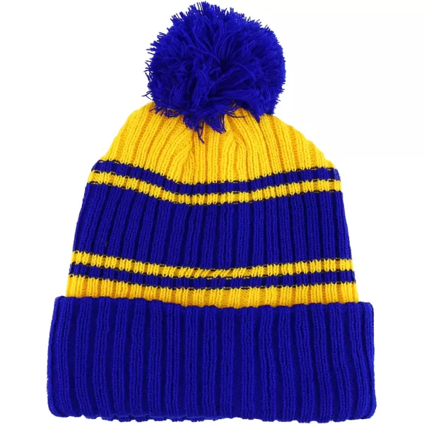 imageTrendy Apparel Shop Stripe Pattern Ribbed Knit Cuff Long Beanie with Pom PomRoyal Yellow