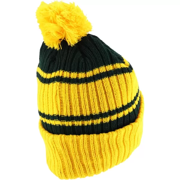 imageTrendy Apparel Shop Stripe Pattern Ribbed Knit Cuff Long Beanie with Pom PomYellow Hunter