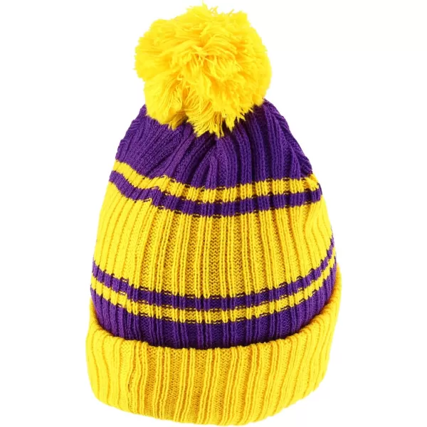imageTrendy Apparel Shop Stripe Pattern Ribbed Knit Cuff Long Beanie with Pom PomYellow Purple