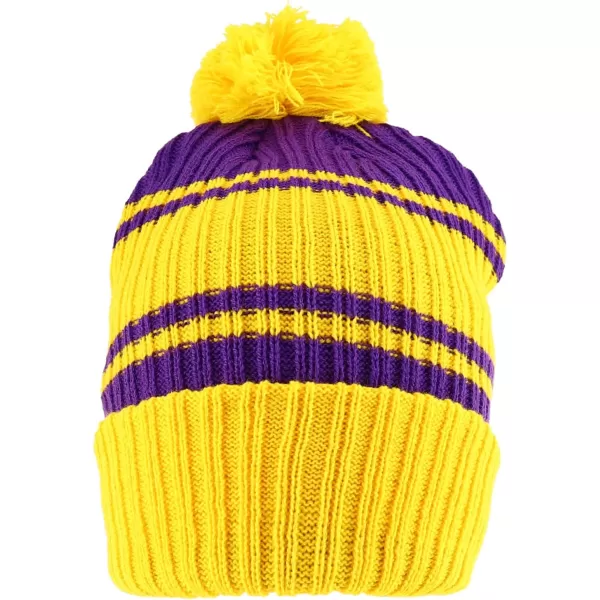 imageTrendy Apparel Shop Stripe Pattern Ribbed Knit Cuff Long Beanie with Pom PomYellow Purple