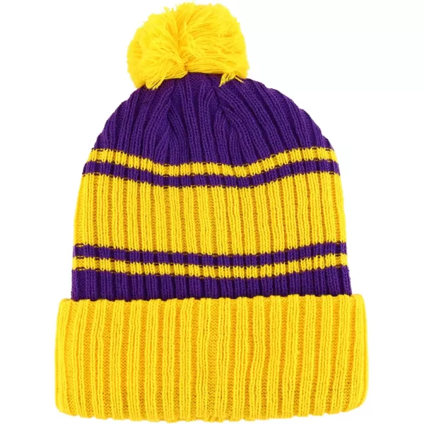 imageTrendy Apparel Shop Stripe Pattern Ribbed Knit Cuff Long Beanie with Pom PomYellow Purple