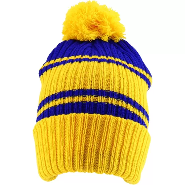 imageTrendy Apparel Shop Stripe Pattern Ribbed Knit Cuff Long Beanie with Pom PomYellow Royal