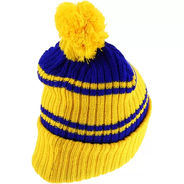imageTrendy Apparel Shop Stripe Pattern Ribbed Knit Cuff Long Beanie with Pom PomYellow Royal