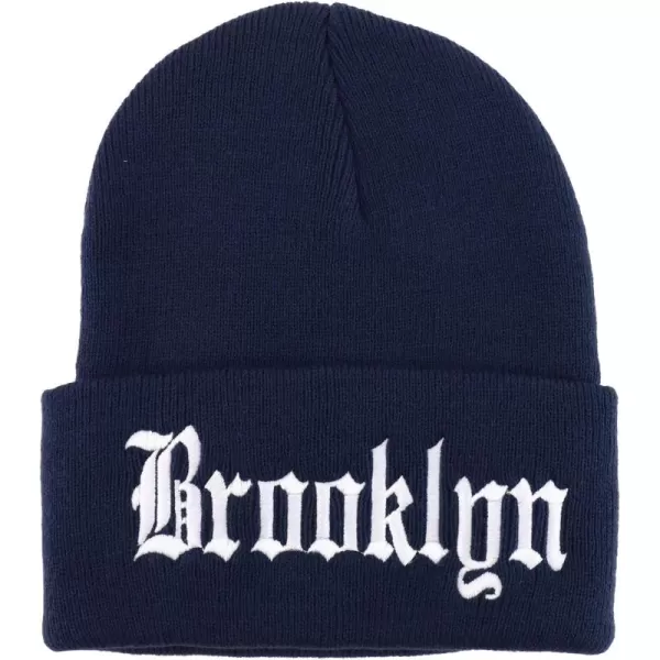 imageTrendy Apparel Shop Brooklyn Old English Font Embroidered Long Cuff BeanieNavy