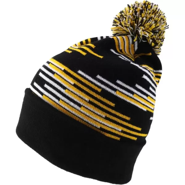 imageTrendy Apparel Shop Made in USA Staggered Bar Pattern Pom Pom Long Cuff BeanieBlack Gold White