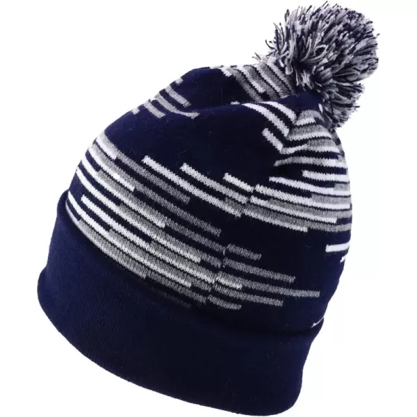 imageTrendy Apparel Shop Made in USA Staggered Bar Pattern Pom Pom Long Cuff BeanieNavy Grey White