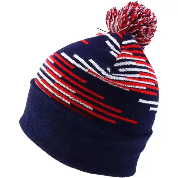imageTrendy Apparel Shop Made in USA Staggered Bar Pattern Pom Pom Long Cuff BeanieNavy Red White
