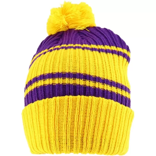 imageTrendy Apparel Shop Stripe Pattern Ribbed Knit Cuff Long Beanie with Pom PomYellow Purple
