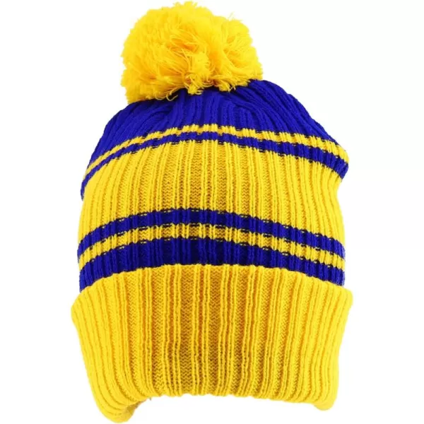imageTrendy Apparel Shop Stripe Pattern Ribbed Knit Cuff Long Beanie with Pom PomYellow Royal
