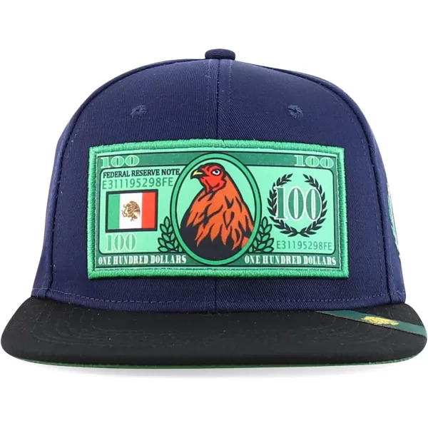 imageTrendy Apparel Shop 100 Dollar Bill with Rooster Patch Flatbill Snapback CapNavy Black