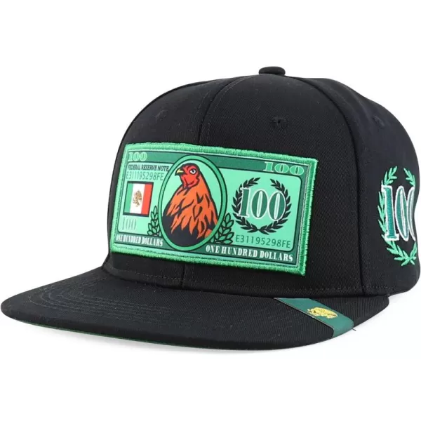 imageTrendy Apparel Shop 100 Dollar Bill with Rooster Patch Flatbill Snapback CapBlack Black