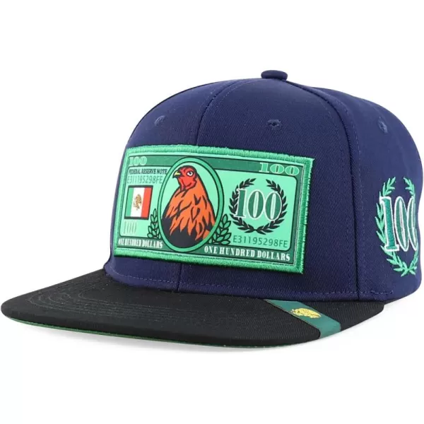 imageTrendy Apparel Shop 100 Dollar Bill with Rooster Patch Flatbill Snapback CapNavy Black