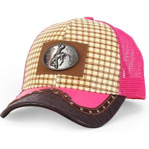 imageStraw Design Metallic Rodeo Cowboy Horse Metal Logo Trucker Mesh Baseball CapTan Pink