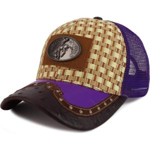 imageStraw Design Metallic Rodeo Cowboy Horse Metal Logo Trucker Mesh Baseball CapTan Purple