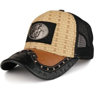 imageStraw Design Metallic Rodeo Cowboy Horse Metal Logo Trucker Mesh Baseball CapTanBlack