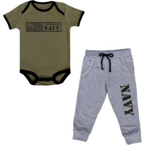 imageTrendy Apparel Shop Baby Infant Military Theme 2pc Bodysuit and Jogger SetOlive Grey