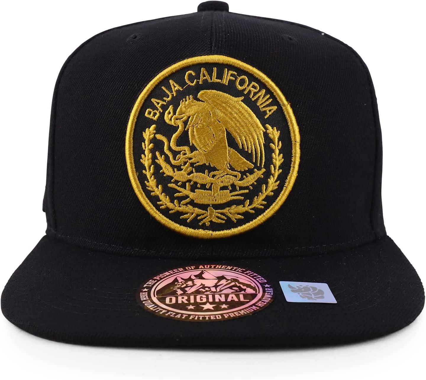 imageTrendy Apparel Shop Cities of Mexico Circular Logo Embroidered Flatbill Snapback Baseball CapBaja California Gold  Black