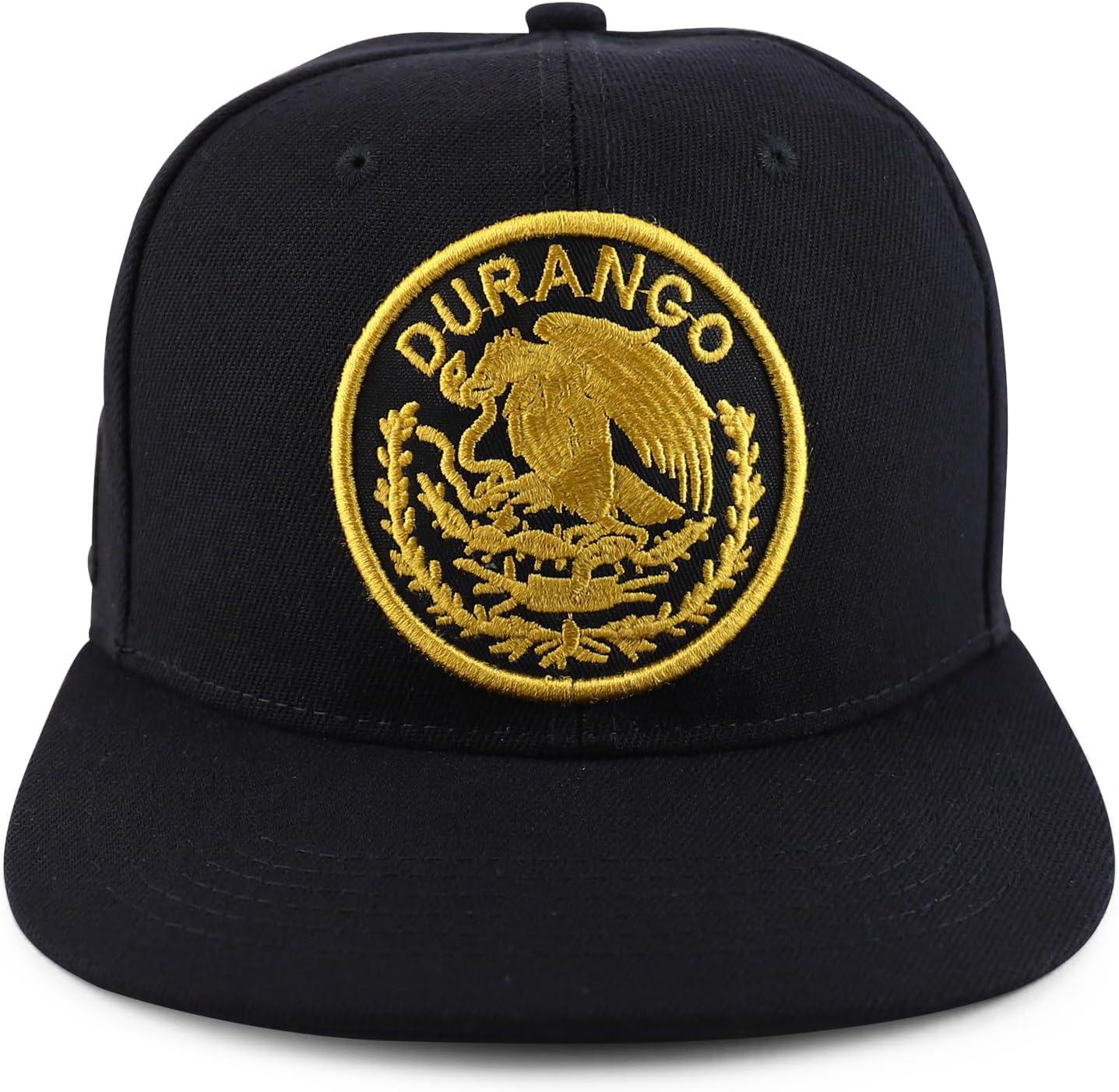 imageTrendy Apparel Shop Cities of Mexico Circular Logo Embroidered Flatbill Snapback Baseball CapDurango Gold  Black