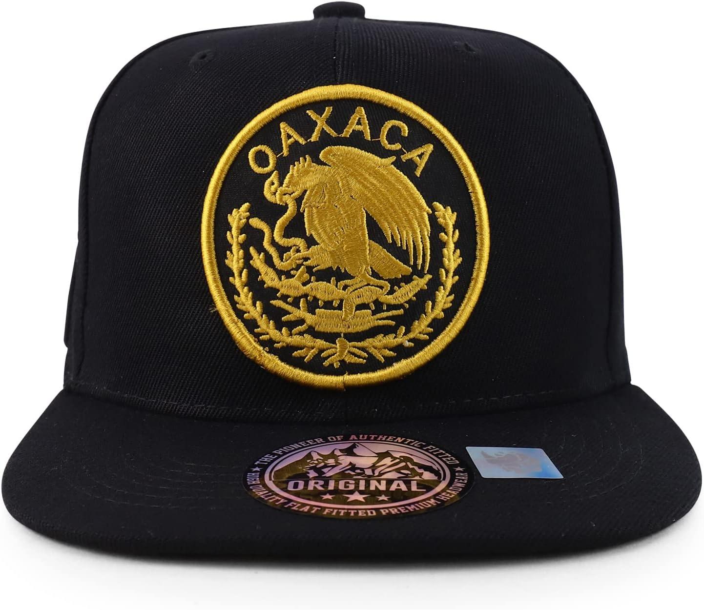 imageTrendy Apparel Shop Cities of Mexico Circular Logo Embroidered Flatbill Snapback Baseball CapOaxaca Gold  Black