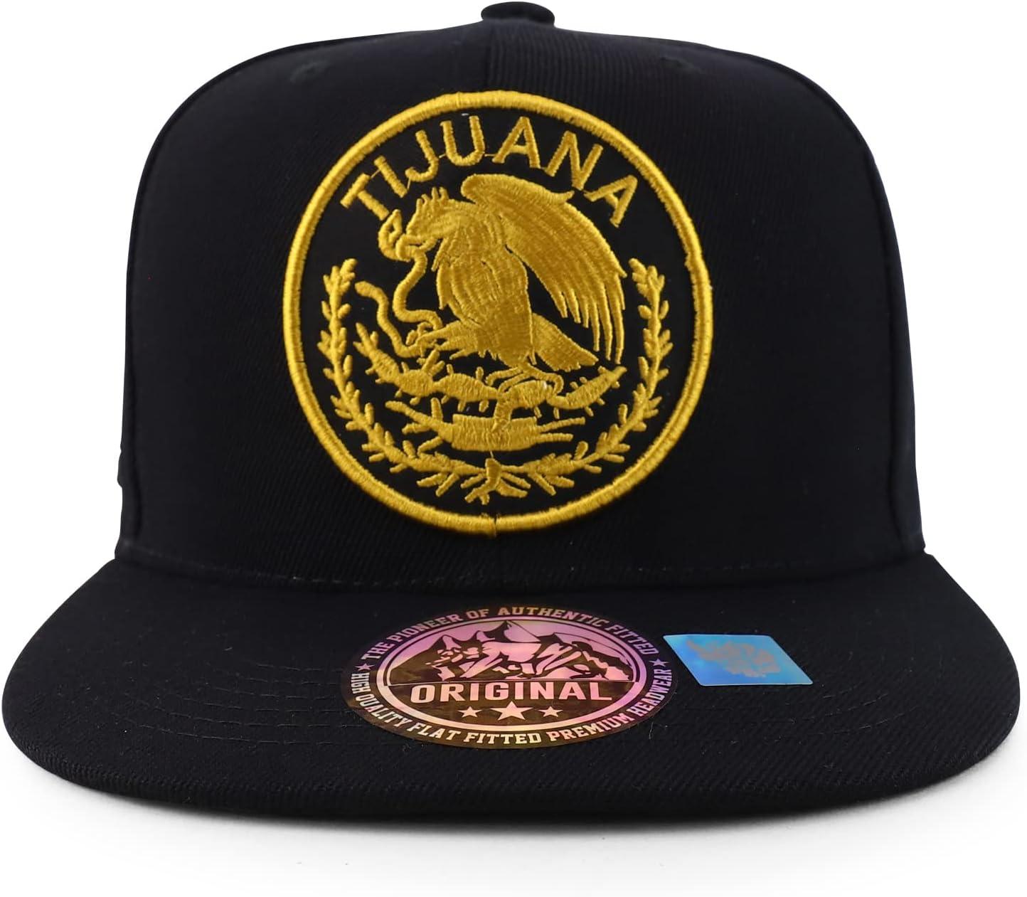 imageTrendy Apparel Shop Cities of Mexico Circular Logo Embroidered Flatbill Snapback Baseball CapTijuana Gold  Black