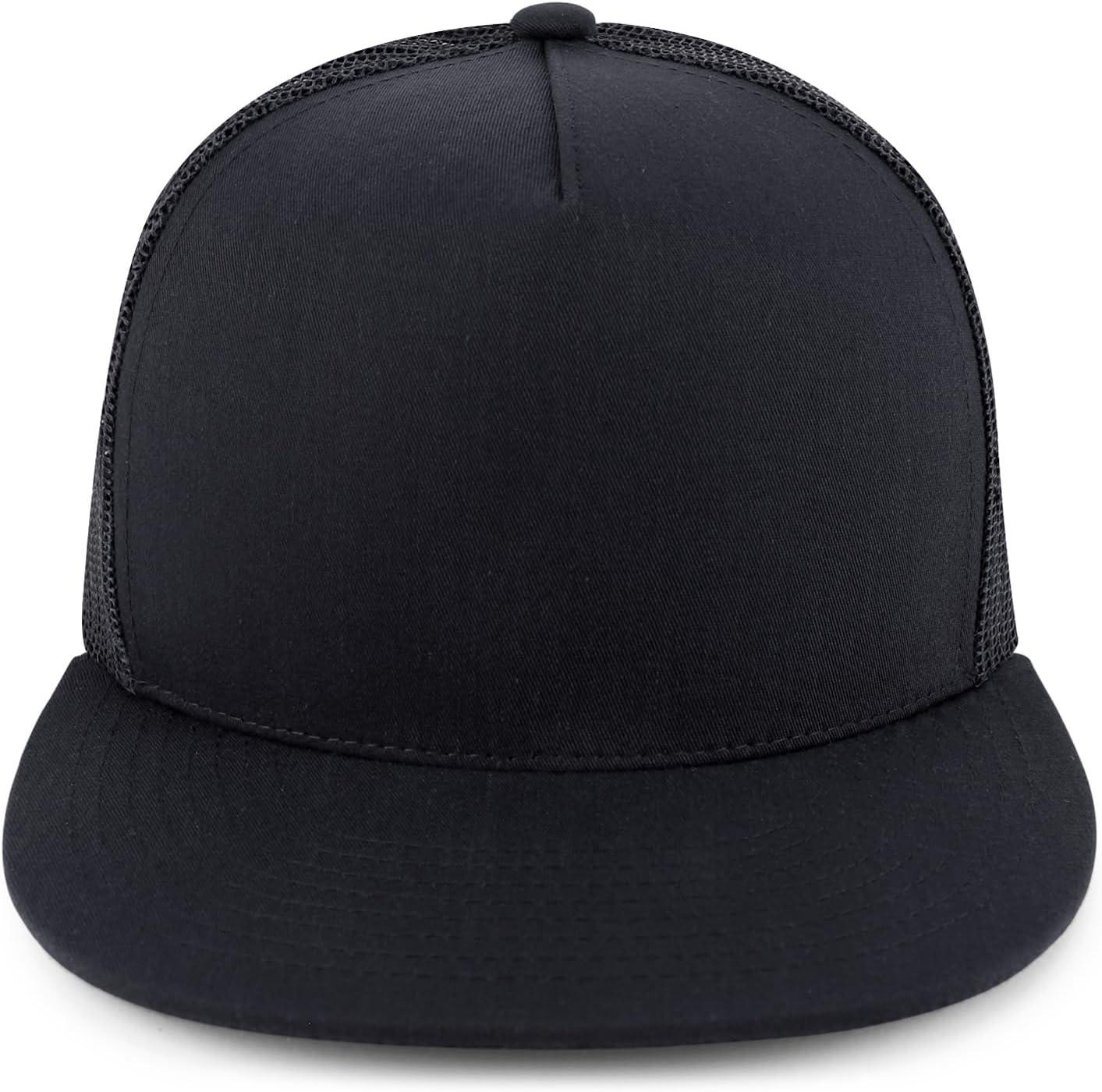 imageTrendy Apparel Shop Structured High Crown 5 Panel Round Flat Bill Trucker CapBlack