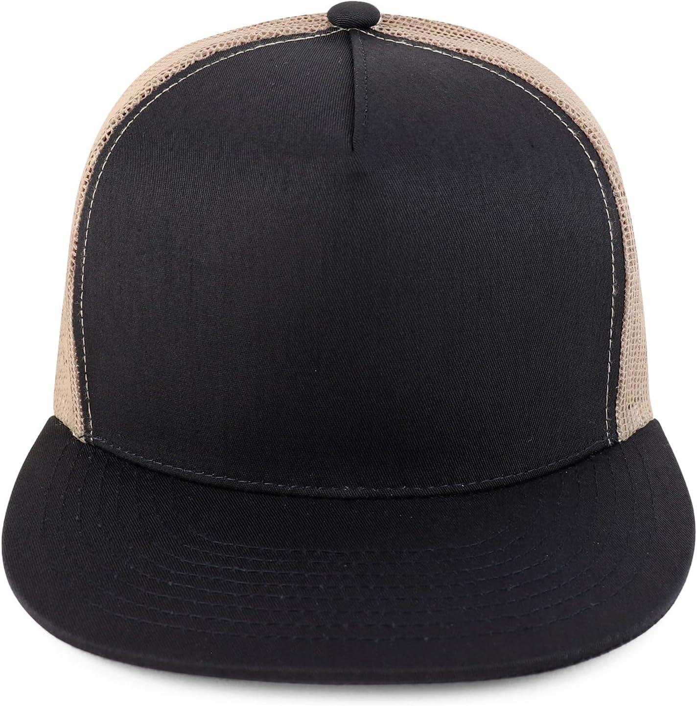 imageTrendy Apparel Shop Structured High Crown 5 Panel Round Flat Bill Trucker CapBlack Khaki