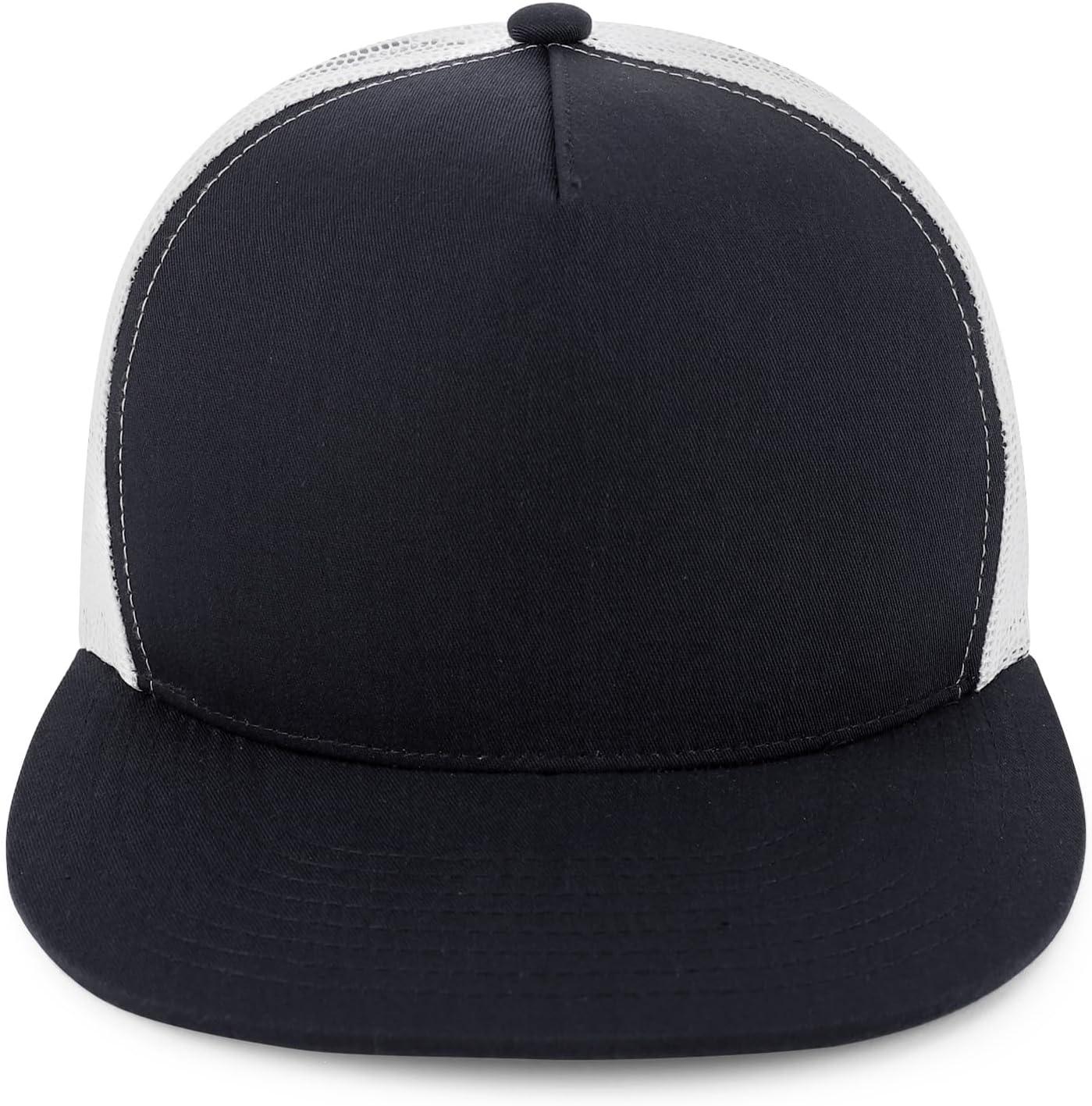 imageTrendy Apparel Shop Structured High Crown 5 Panel Round Flat Bill Trucker CapBlack White