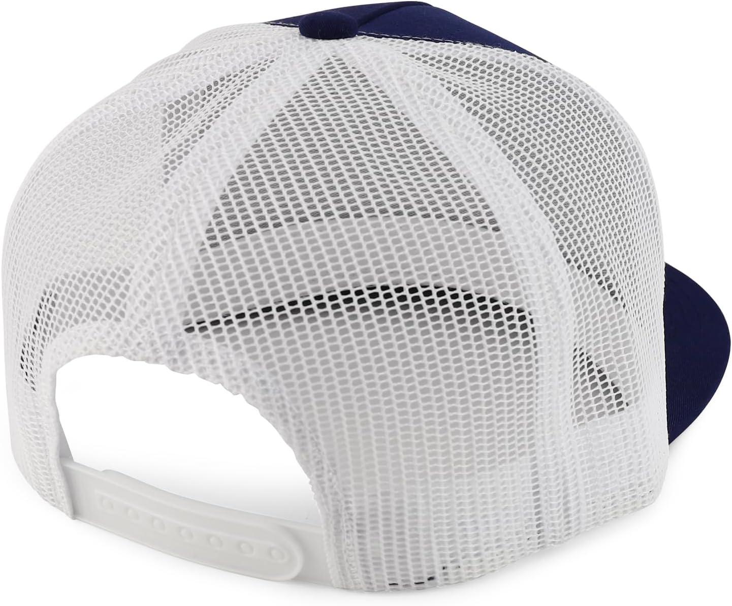 imageTrendy Apparel Shop Structured High Crown 5 Panel Round Flat Bill Trucker CapNavy White