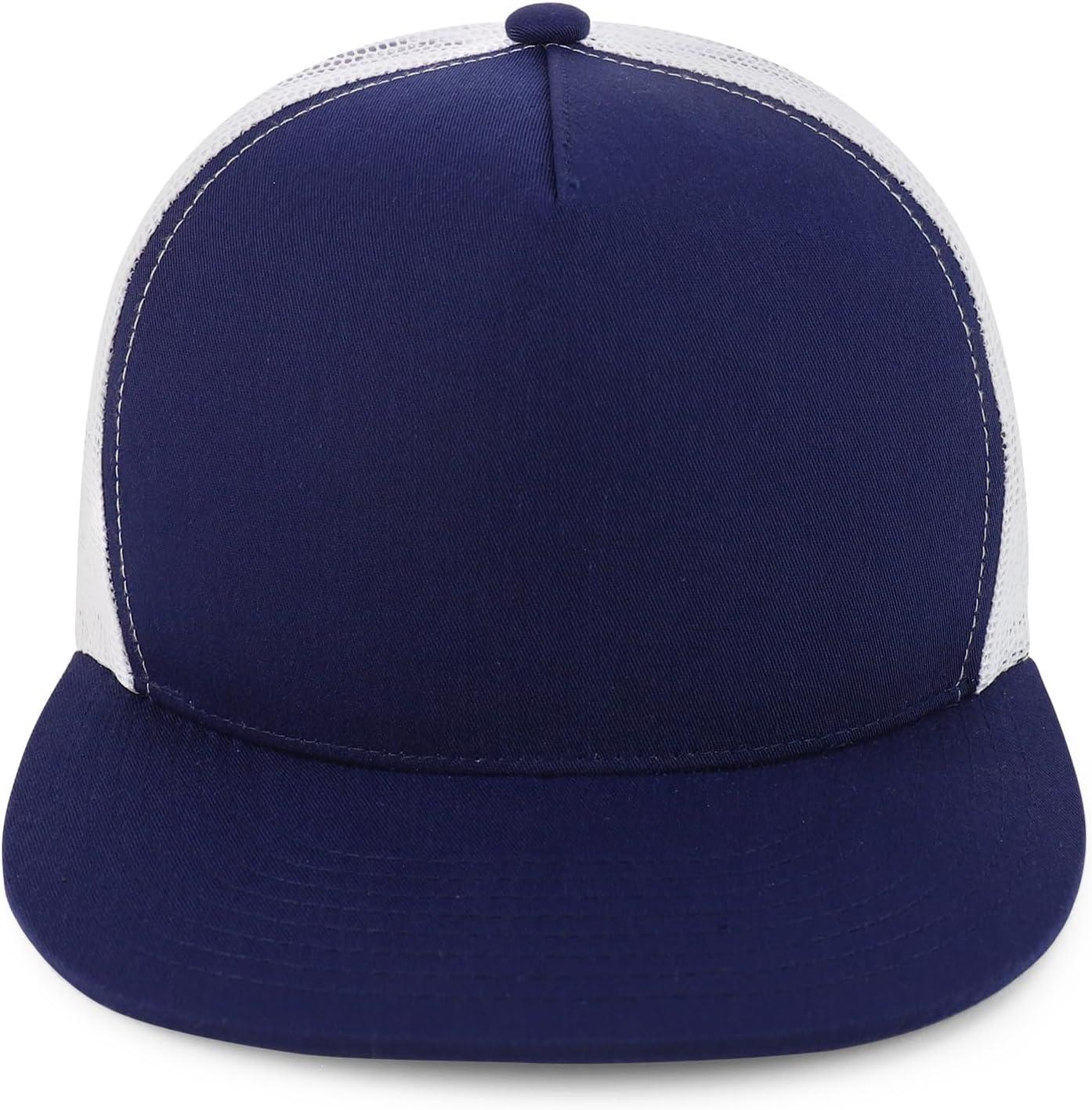 imageTrendy Apparel Shop Structured High Crown 5 Panel Round Flat Bill Trucker CapNavy White