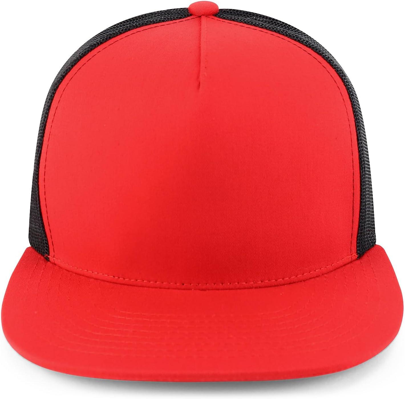 imageTrendy Apparel Shop Structured High Crown 5 Panel Round Flat Bill Trucker CapRed Black