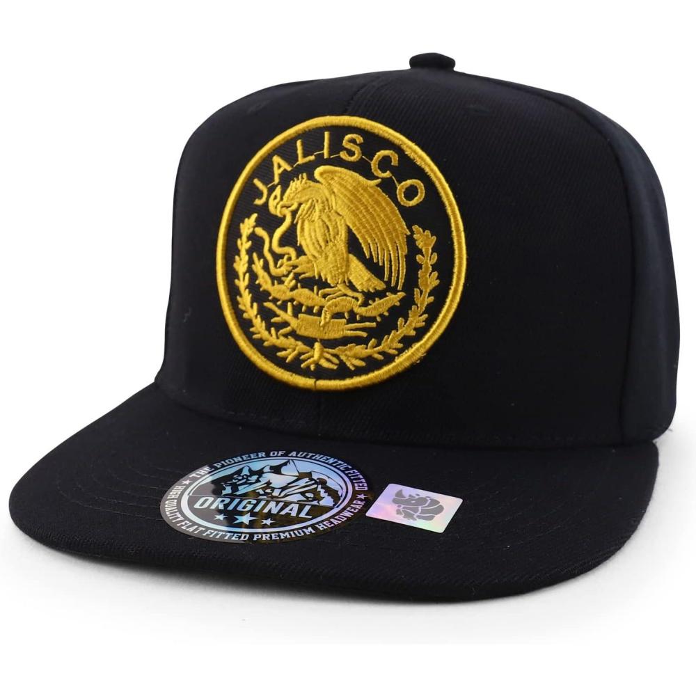 imageTrendy Apparel Shop Cities of Mexico Circular Logo Embroidered Flatbill Snapback Baseball CapJalisco Gold  Black